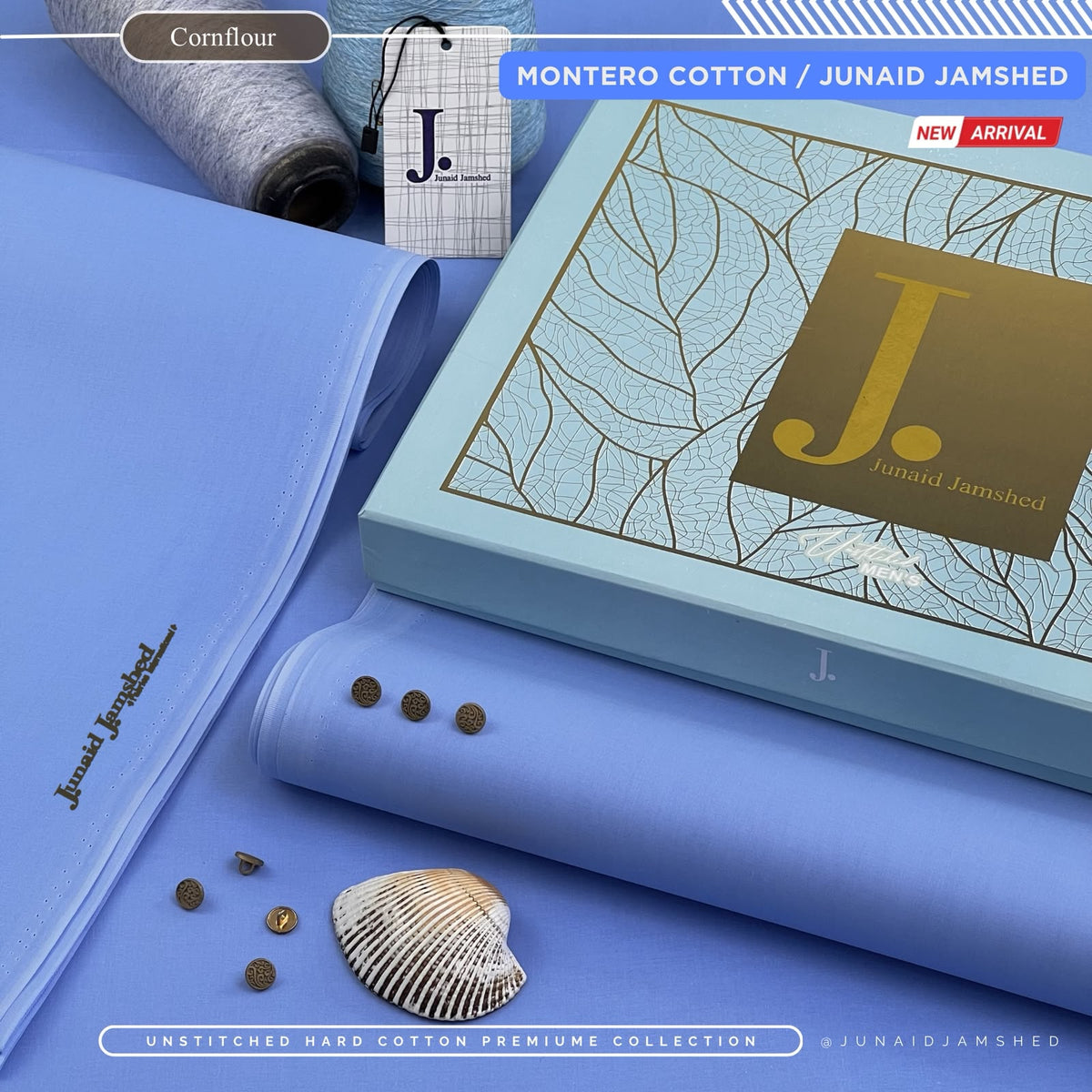 MONTERO Junaid Jamshed HARD COTTON – Silver Finished | Men’s Unstitched Fabric – Cornflour